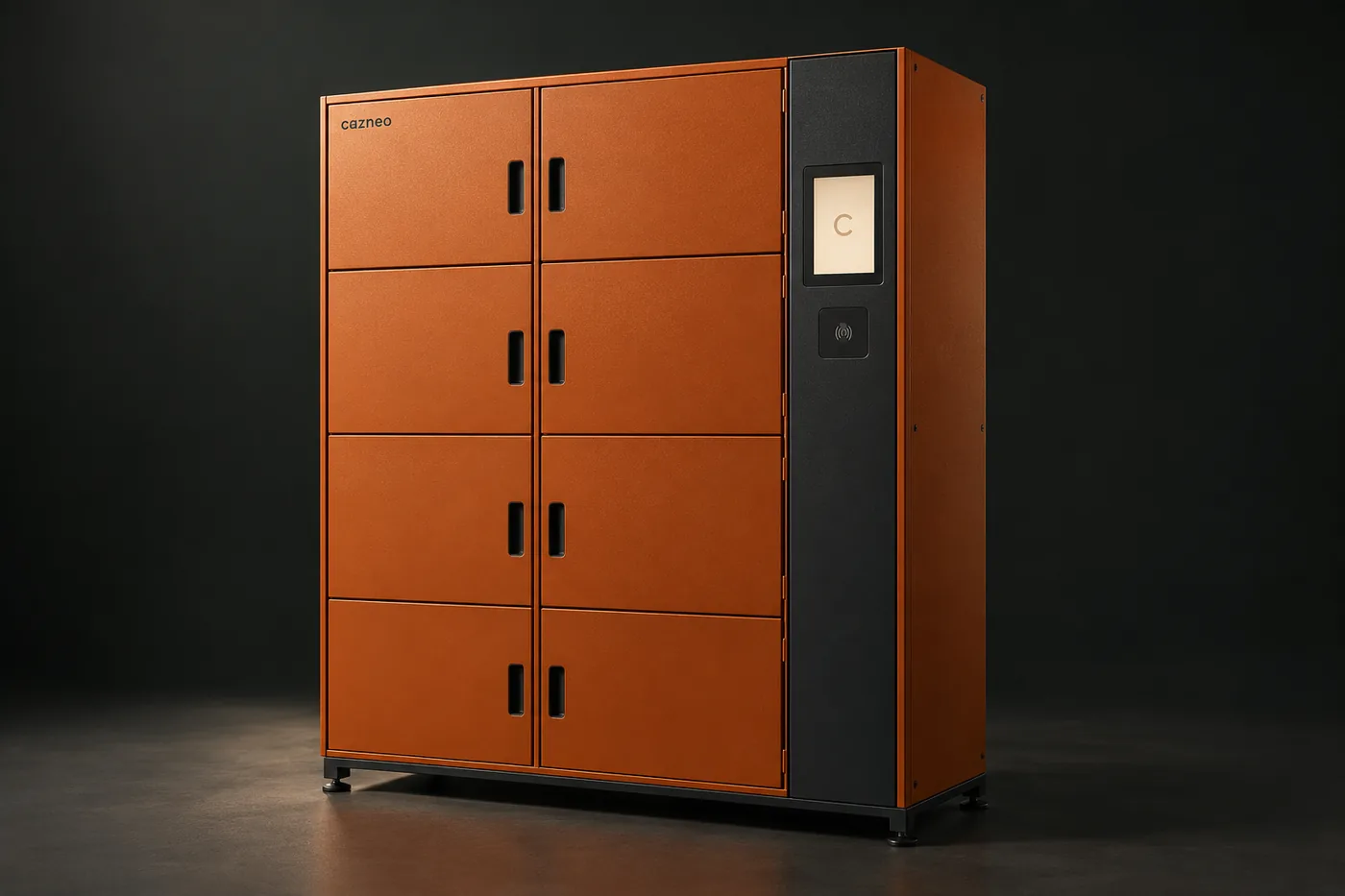 Rendu de concept réaliste d’un casier Cazneo orange en acier, à huit compartiments et écran intégré